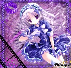 an anime character with white hair and blue eyes wearing a purple dress, standing in front of