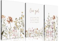 three canvases with flowers on them and the words out girl written in gold foil