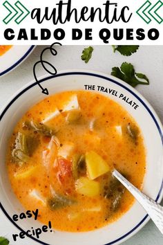 a white bowl filled with soup next to another bowl full of soup and garnished with cilantro