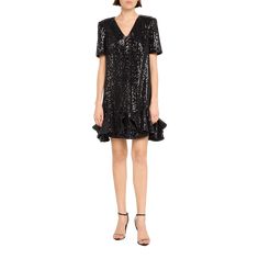 Badgley Mischka sequin mini dress with flounce ruffle hem Approx. 35"L from shoulders to hem V neckline Short sleeves; approx. 10.5"L Hem falls above the knee Shift silhouette Invisible back zipper Polyester Lining: Polyester Spot clean Imported Glamorous Cocktail Mini Dress With Ruffle Hem, Glamorous Mini Dress With Ruffle Hem For Cocktail, Cocktail Knee-length Ruffle Hem Dress, Cocktail Ruffle Hem Dress, Knee-length, Knee-length Ruffle Hem Cocktail Dress, Holiday Formal Mini Dress With Ruffles, Glamorous Mini Sequin Dress With Ruffles, Evening Knee-length Ruffle Dress, Elegant Spring Sequin Dress With Ruffles