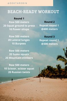 the beach - ready workout list is displayed in front of an ocean and palm trees