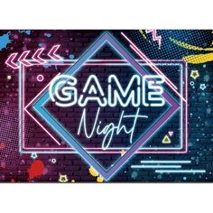 the game night banner is shown with neon colors and an arrow in the center, on a