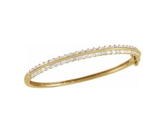 Lab grown diamond bangle bracelet Metal: 14K Yellow Gold Stone: Lab Grown Diamond Stone Size: 3mm x 1.5mm Diamond Color and Clarity: G-H, SI Diamond Shape: Straight Baguette Stone Weight: 2 1/6 total carat weight Bracelet Size: 7 inches Diamond Bangle Bracelet, Bracelet Metal, Diamond Bangles Bracelet, Diamond Bangle, Gold Stone, Diamond Color, Metal Bracelets, Diamond Shape, Diamond Stone