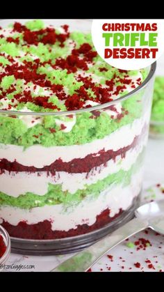 a christmas trifle dessert with green, red and white frosting