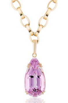 Large pear shaped Kunzite gemstone with 18 karat gold chain by fine jewelry designer Goshwara| kunzite jewelry Luxury Pear-shaped Gemstone Necklace, Luxury Gemstone Drop Necklace, Luxury Pink Briolette Necklace, Fine Jewelry Gemstone Pendant Necklace, Faceted Teardrop Pendant Necklace For Formal Occasions, Formal Teardrop Pendant Jewelry With Faceted Details, Formal Teardrop Pendant Necklace With Faceted Detail, Formal Faceted Teardrop Pendant Jewelry, Formal Faceted Teardrop Pendant Necklace