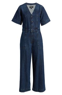 Make it one-and-done in a casual jumpsuit cut from dark-rinsed nonstretch denim. 52" length; 25" inseam; 23" leg opening (size Medium) Front button closure V-neck Short sleeves Front patch pockets 100% cotton Machine wash, tumble dry Imported High Rise Cotton Jumpsuits And Rompers In Dark Wash, Dark Wash High-rise Cotton Jumpsuits And Rompers, High Rise Dark Wash Cotton Jumpsuits And Rompers, Dark Wash Relaxed Fit Short Sleeve Jumpsuits And Rompers, Dark Wash Short-sleeve Jumpsuit With Relaxed Fit, Dark Wash Relaxed Fit Jumpsuit With Short Sleeves, Dark Wash Cotton Jumpsuit For Work, Dark Cotton Jumpsuit For Work, Dark Wash High Rise Relaxed Fit Jumpsuits And Rompers