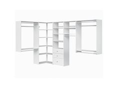 an open white closet with drawers and shelves on the bottom shelf, in front of a white background