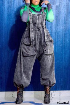 Olivia Mark - Mono Gris Sólido de Parches para Mujer con Tirantes y Bolsillos Denim Style Casual, Denim Jumpsuits, Womens Jumpsuits Casual, Jumpsuit Casual, Solid Color Jumpsuits, Balloon Pants, Denim Style, Casual Jumpsuit, Jumpsuit Fashion