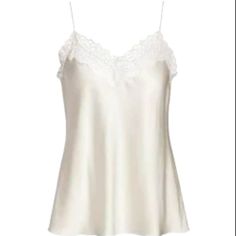 Women's White Erika Silk Lace Cami.Elegant Silk Cami With Delicate Lace Trim. V-Neck Sleeveless Spaghetti Straps Pullover Style Silk Dry Clean White Silk Tank Top, Elegant Summer V-neck Camisole, Spring Wedding V-neck Camisole, Wedding V-neck Camisole With Delicate Straps, Feminine White Silk Camisole, Elegant V-neck Tank Top With Lace Trim, White Silk Camisole For Summer, White Silk Summer Camisole, White Satin V-neck Camisole