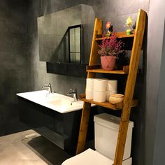 a bathroom with a ladder that is next to the toilet and sink in front of it