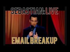 a man holding a microphone in front of a red curtain with the words sebastian live email breakup