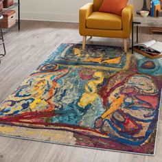 a colorful area rug with an abstract design