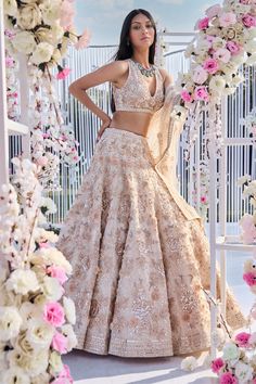 Floral Organza Lehenga, Cream Lehenga, Mirror Crystal, Cut Blouse, Floral Lehenga, Wedding Clothes, Wedding Lehenga