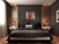 a bedroom with black walls and wooden flooring has a large bed in the middle