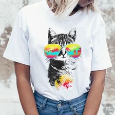 New Funny Cat Casual Short Sleeve Kawaii Cats White Tshirt L0144 Short Sleeve Graphic Tee With Cat Print, Graphic Tee With Cat Print And Short Sleeves, Casual Short Sleeve T-shirt With Cat Print, White Cat Design T-shirt For Summer, White Summer T-shirt With Cat Design, Casual Crew Neck Top With Cat Print, Kawaii T-shirt With Funny Print For Summer, White Cat Print T-shirt For Summer, Kawaii Screen Print Tops For Summer