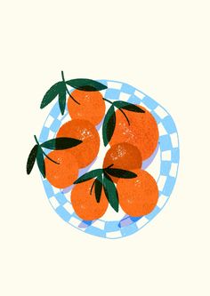 an illustration of oranges on a blue and white checkered plate with green leaves