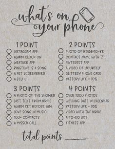 the wedding checklist is written on a piece of paper that says, what's on your phone?