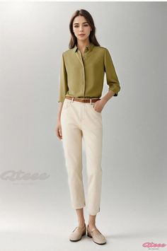 Qteee - Captivating Silk Button-Up Shirt with Single Row Button Closure and Three-Quarter Sleeves Trendy Khaki Blouse With Button Closure, Khaki Office Tops With Button Closure, Casual Khaki Office Top, Casual Khaki Shirt For Office, Khaki Button-up Office Tops, Khaki Button-up Tops For Office, Floral Print Chiffon Blouse, Floral Chiffon Blouse, Silk Button Up