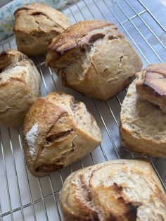 several loaves of bread sitting on a cooling rack