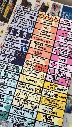 a bunch of stickers that are on top of a paper sheet with words and phrases