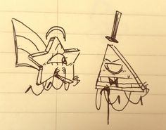 a drawing of two cartoon characters on lined paper