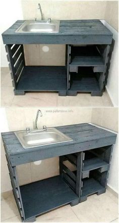 two pictures of the same sink in different stages of being made out of pallets