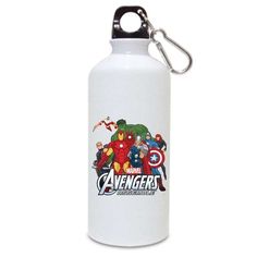 a white water bottle with the avengers logo on it