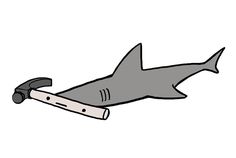 a drawing of a shark with a hammer in it's mouth, on a white background