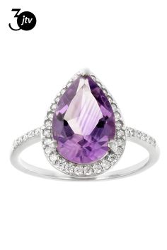 2.80ct Pear-Shaped Amethyst with 0.23ctw White Cubic Zirconia Rhodium Over Sterling Silver Ring. Measures Approximately 0.72"L x 0.56"W. Not Sizeable. Purple Amethyst, Pear Shaped, Sterling Silver Ring, Silver Ring, Sterling Silver Rings, Cubic Zirconia, Amethyst, Silver Rings, Sterling Silver