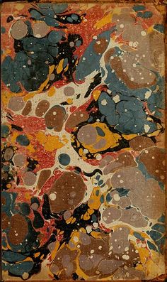 an abstract painting with lots of colors and shapes on the surface in brown, blue, orange, yellow and black