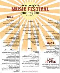 the flyer for an event with words and pictures on it, including music festival packing list