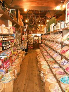 the inside of a store filled with lots of food and snacks on display in baskets