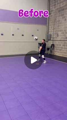 a man in black shirt throwing a soccer ball on purple floor with words before and after