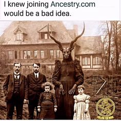 an old photo with two men and three children standing in front of a creepy house