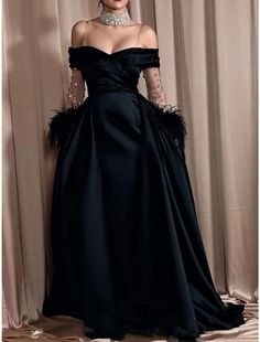 A-Line Evening Gown Elegant Dress Formal Black Dress Sweep / Brush Train Long Sleeve Off Shoulder Satin with Rhinestone Feather Pleats Formal Black Dress, Straight Wedding Dresses, Gown Elegant, Mother Wedding Dress, Dresses Formal Elegant, Black Dress Formal, Evening Gowns Elegant, Bohemian Wedding Dress, Bohemian Wedding Dresses