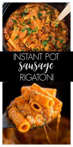 instant pot sausage rigatoni in a crockpot with the title above it