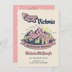 a card with the words camp victoria on it and mountains in the background, as well as