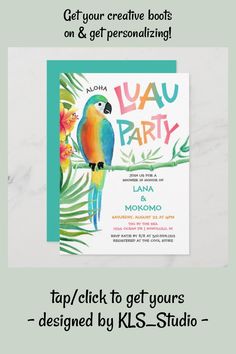 an image of a party flyer with a parrot on the tree branch and text that reads, get your creative books on & get personalizing