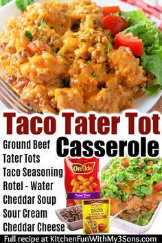 taco tater tot casserole recipe on a white plate with text overlay