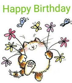 a happy birthday card with an image of a cat holding flowers and butterflies in the air