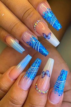 #unhasdegel #unhasdefibradevidro #empreendedorismofeminino Gel Toe Nails, Blue Acrylic Nails, Colored Acrylic Nails, Long Acrylic Nails Coffin, Acrylic Nails Coffin Pink, Nails Only, Diy Nail Art, Sparkly Nails