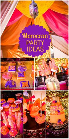 moroccan party ideas collage with orange and pink decorations