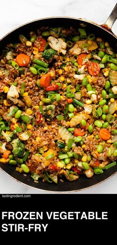 a skillet filled with vegetables and rice on top of a white countertop next to a text overlay that reads frozen vegetable stir fry