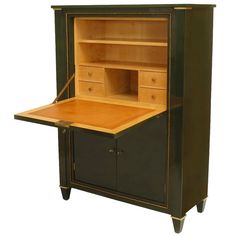 an open cabinet with drawers and shelves on wheels