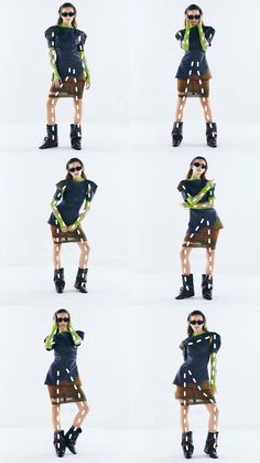 several photos of a woman in different outfits and boots posing for the camera with her hands on her hips