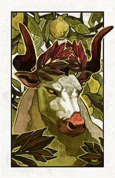 an animal with horns and leaves on it's head in front of some fruit