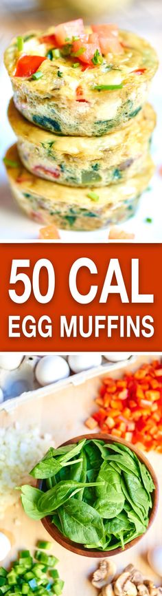 egg muffins with spinach and tomatoes in the middle are stacked on top of each other