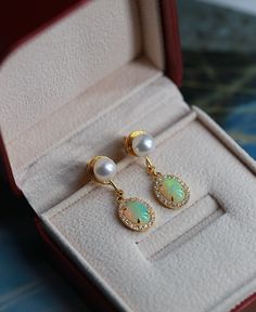 Opal drop Earrings Pearl Earrings diamond halo 14K Gold Earrings Wedding women delicate Unique Bridal set Oval cut Birthday Gift for her ◆Detail description◆ ◆Solid 14K Yellow Gold(shown in picture) ◆Opal Carat:7*9mm, total 2.2ct(1.1ct each ) ◆Pearl Size: 7mm*2 total 1.9ct ◆Moissanite:0.38ct ◆Made of 14k /18k - Rose / White / Yellow Gold ◆All sizes are available,contact me if there not contain the size you want in the drop-down ◎◎Production time & shipping Production process will usually las Oval Pearl Earrings For Wedding, Teardrop Earrings With Halo Setting For Gift, Teardrop Earrings With Halo Setting As Gift, Oval White Gold Pearl Earrings For Wedding, Fine Jewelry Oval Pearl Earrings Gift, Pear-shaped Earrings With Halo Setting As A Gift, Gold Pear-shaped Jewelry With Halo Design, Teardrop Jewelry With Halo Design For Gifts, Elegant Oval Earrings As Gift