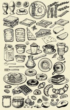 a drawing of different types of food and drinks