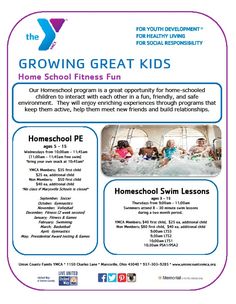 a flyer for the growing great kids home school fitness fun program, which is sponsored by homeschool swim lessons